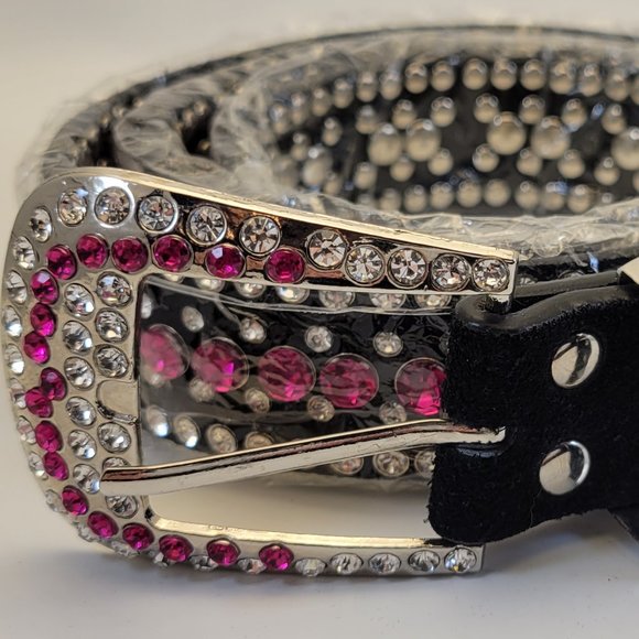 New Genuine Black Leather Clear And Pink Crystal Studded Unisex Belt L 39 Bling - Picture 1 of 11